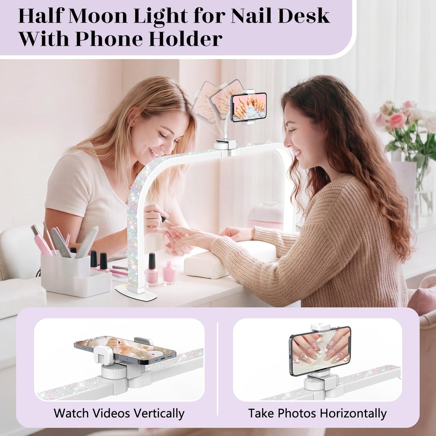 LIONVISON Nail Light for Desk: 29" Foldable Half Moon Light for Nail Tech with Phone Holder - 3 Color Modes & 10 Brightness - 40W Arch LED Nail Desk Lamp for Manicure Salon (with Diamond)