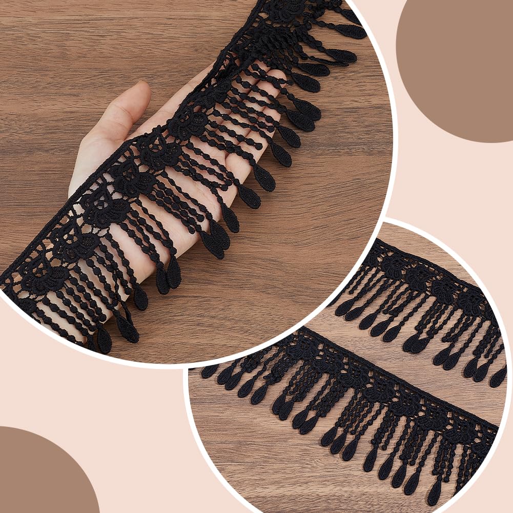 CABODYALS 5 Yards 3 5/8 Inch Wide Black Lace Fringe Trim Embroidery Trimmings Braid Fabric Polyester Crochet Floral Tassel Durable Ribbons for Sewing Making Dress Curtain Wedding DIY Craft Supply