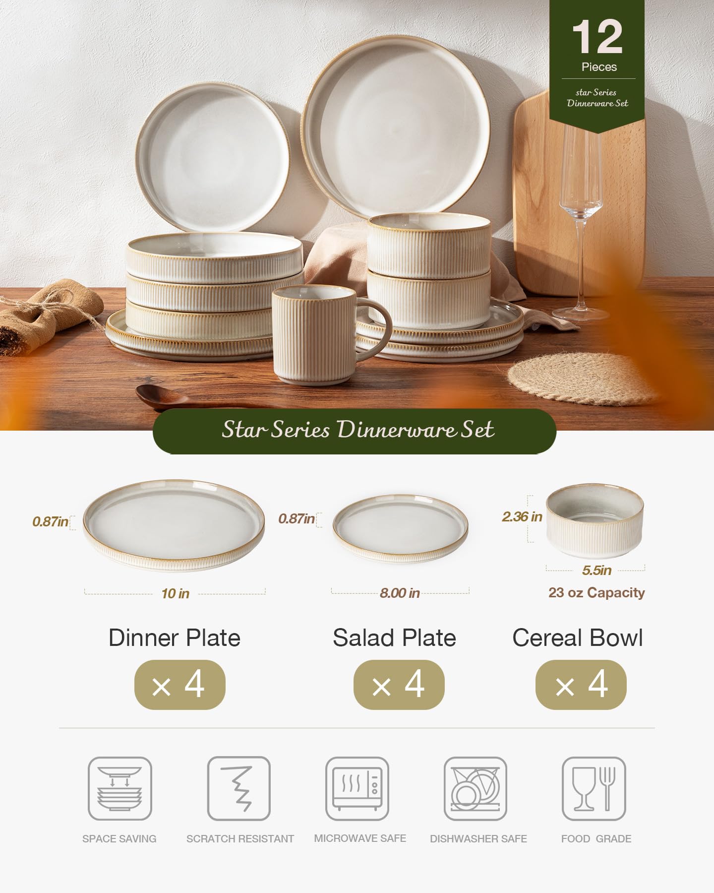 Famiware Star Dinnerware Sets, Plates and Bowls Set for 4, 12 Pieces Ribbed Dishes - Chip and Scratch Resistant, Microwave and Dishwasher Safe Tableware, Cappuccino White