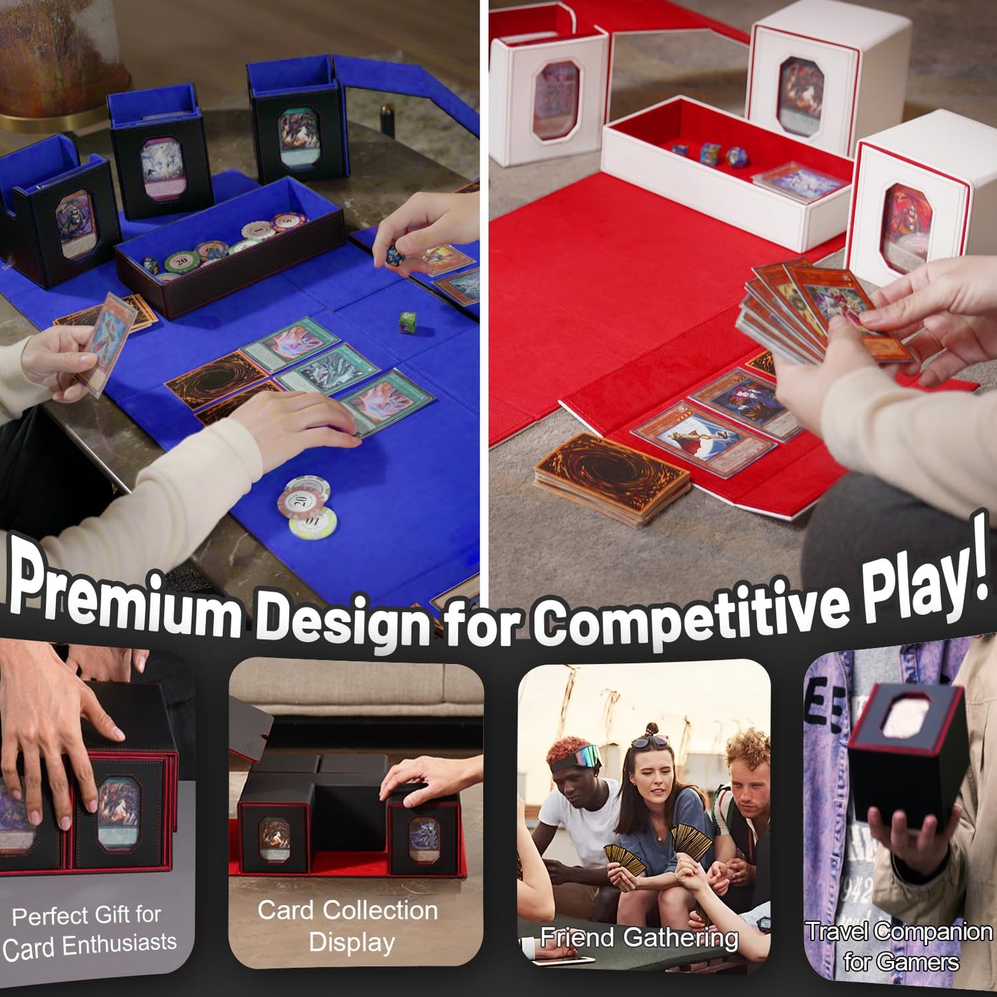 Trading Card Storage Box with Commander Display for MTG, TCG, Sports Cards, 5-in-1 Card Deck Box, Holds 450+ Double-Sleeved Cards, 4 Individual Deck Cases with Covers, Dice Tray & Magnetic Holders