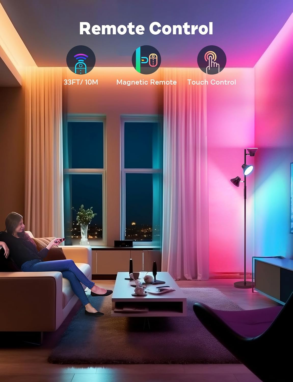 RGBCW Floor Lamp, 36W Bright Color Changing Lamp, Modern Stepless Dimmable LED RGB Floor Lamp with Remote & Touch Control, Standing Lamp for Living Room, Game Room, Bedroom