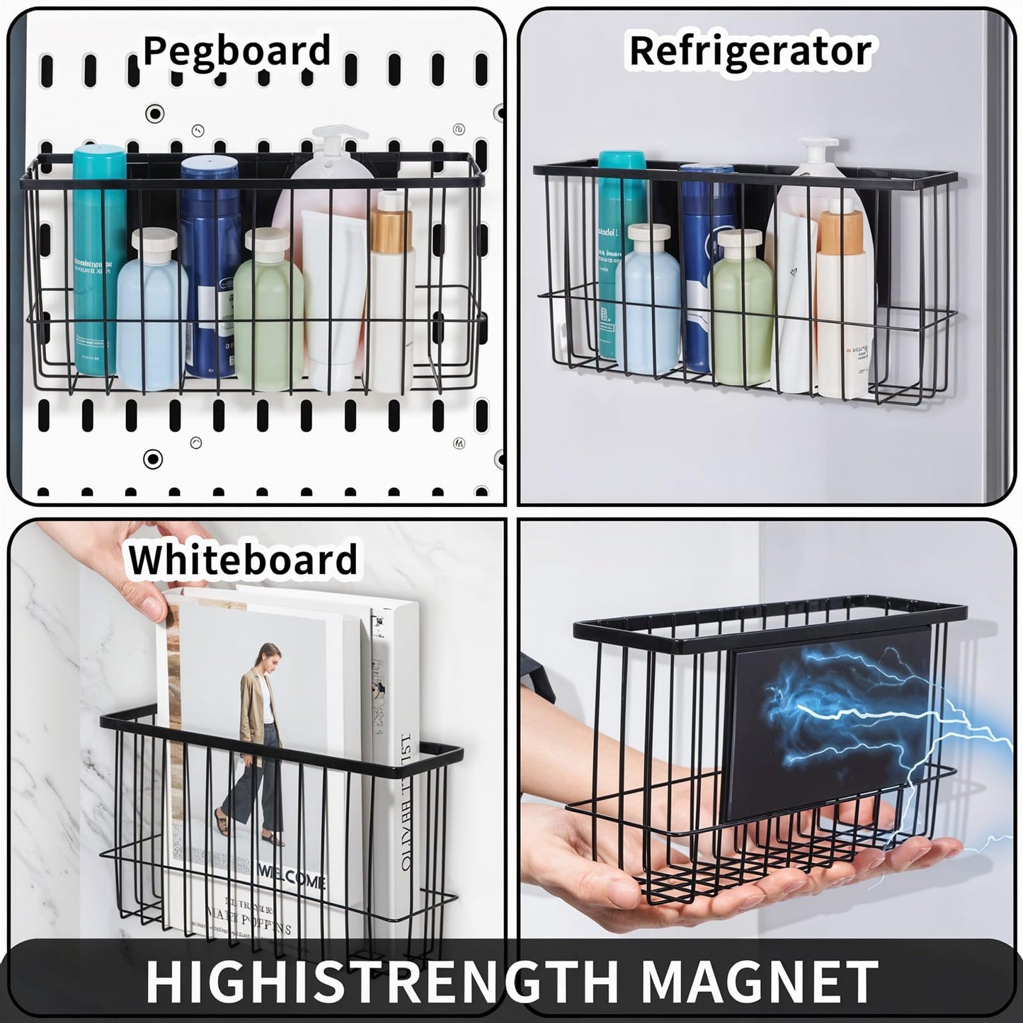 Lemecima 2 Pack Magnetic Basket Organizer Shelf Rack for Refrigerator Peg Board Office File Foil Plastic Food Wrap Spice Pegboard Holder