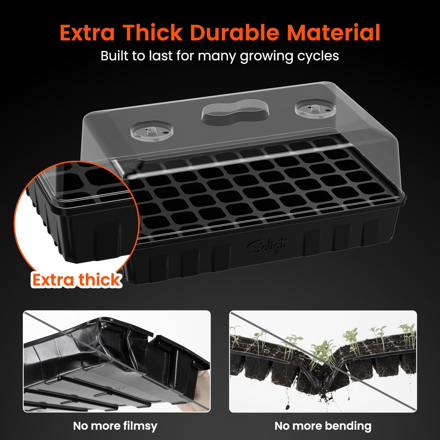 SOLIGT 3 Set 60-Cell Seed Starter Kit - Strong Seed Trays with Humidity Domes, Cell Trays and Seedling Heat Mats - Cloning, Propagation and Germination Station