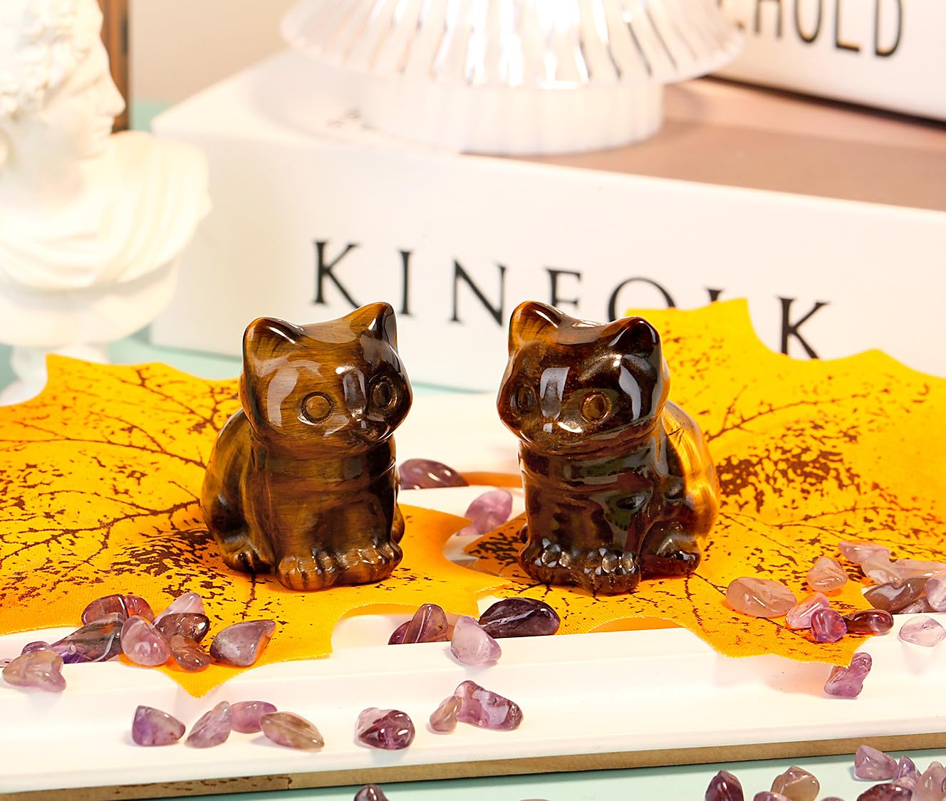 DUQGUHO Cat Decor Tiger Eye Cat Crystal Figurines Crystals Gifts for Cat Lovers Men Women Lucky Cute Cat Statue Decor 1PC