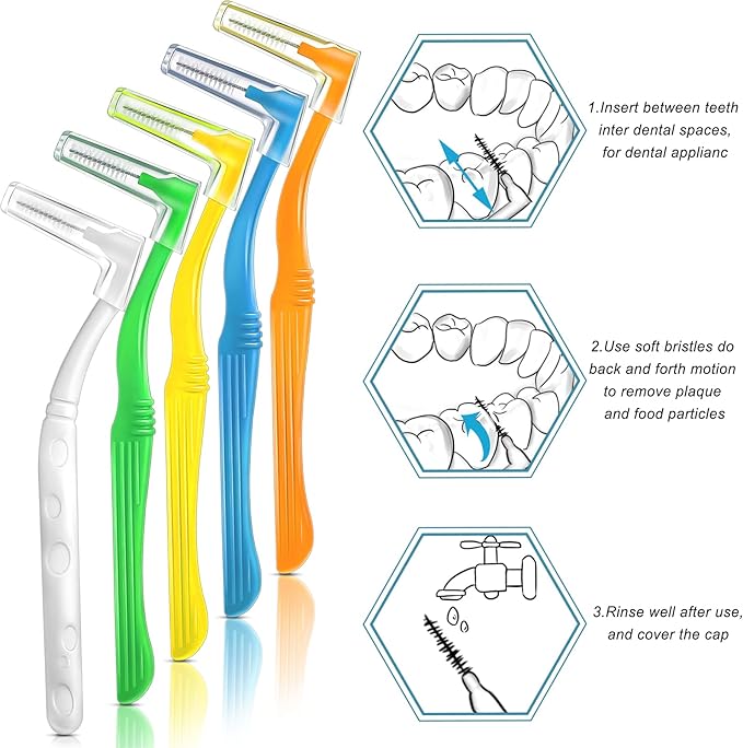 Honeydak 50 Pcs L-Shaped Interdental Brushes 5 Sizes Dental Braces Toothbrush Soft with Non-Slip Handle Angled Head Tooth Picks Floss Sticks Dental Floss Brushes for Oral Cleaning