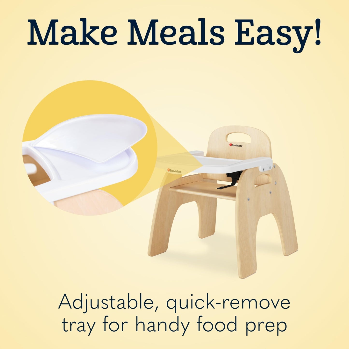 Foundations Easy Serve Low Wood Feeding Chairs Multipack, Adjustable Harness, Removable Dishwasher Safe Tray, No-Tip Base, Stackable Toddler Chairs, 2 Pack, 13 inch