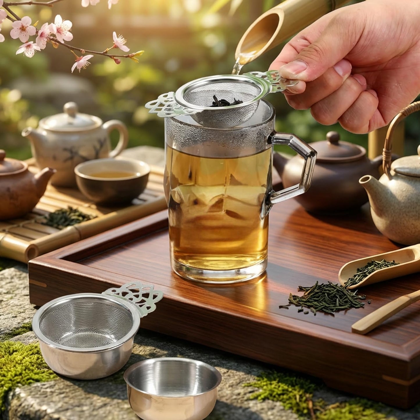 Oqqlin 8 Pcs Mesh Tea Filter Strainers, 304 Stainless Steel Loose Tea Infuser Strainer with Petal Handles and Drip Bowl for Juice Coffee Filter, Sliver, 2.5 Inch