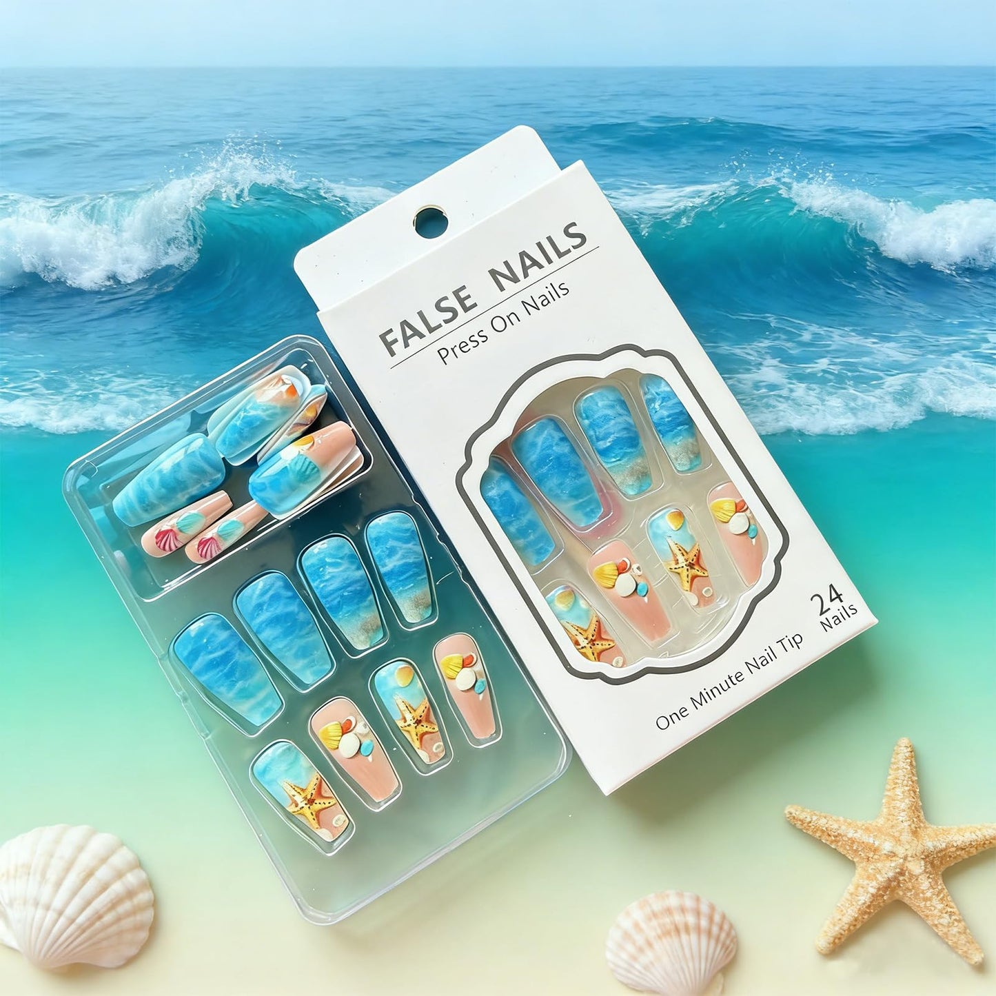 Beach Press on Nails Medium Coffin Fake Nails with Starfish Shell Coral Design Acrylic False Nail Glossy Full Cover Stick on Nail Reusable Artificial Summer Nails for Women Manicure 24Pcs