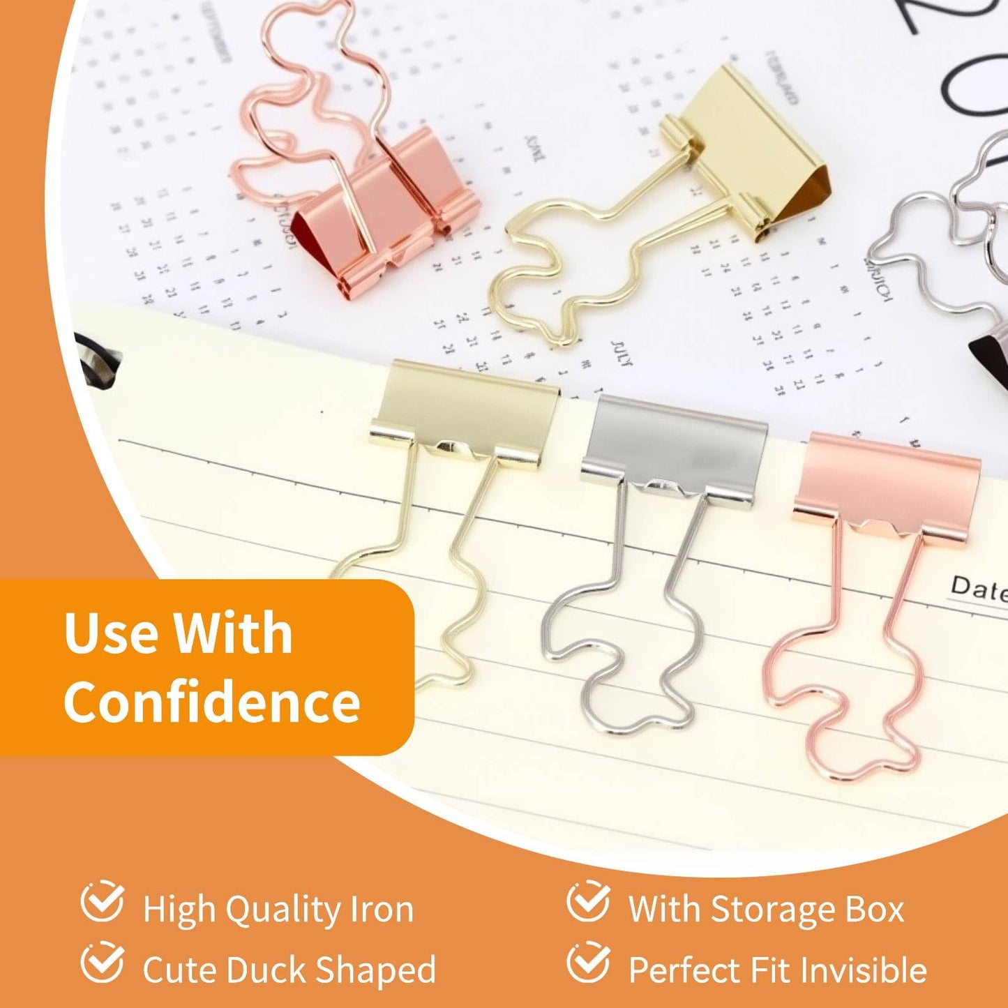 Mini Binder Clips, 20PCS Gold Binder Paper Clips Small Decorative Binder Clips Duck Shaped Binderclips with Storage Box for Planner, Office Desk Supplies