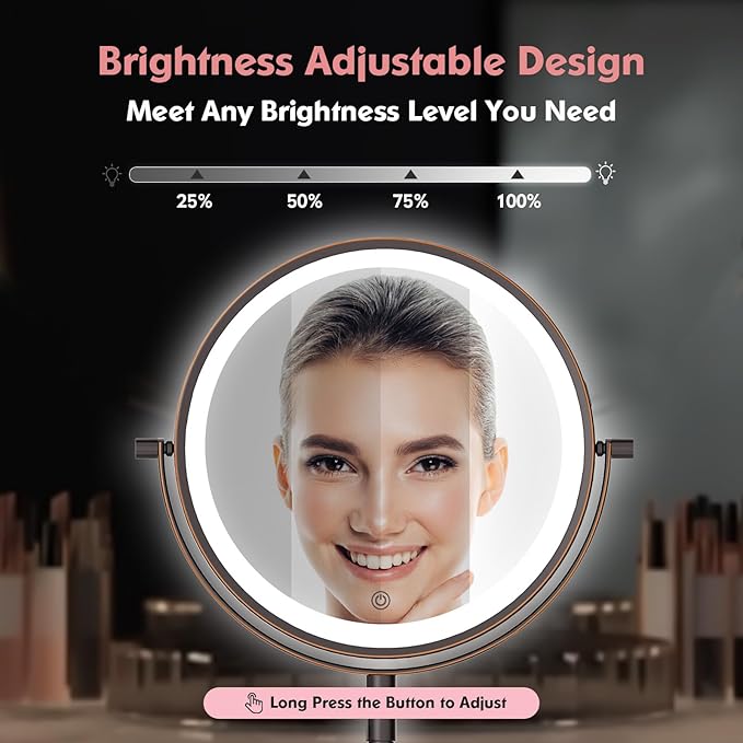 Rechargeable Wall Mounted Makeup Mirror - 8 Inch Double Sided 1X/10X Magnifying Mirror with 3 Color Lights Dimmable Touch Screen, 360°Swivel 19.6 Inch Extendable Accordion Bathroom Mirror