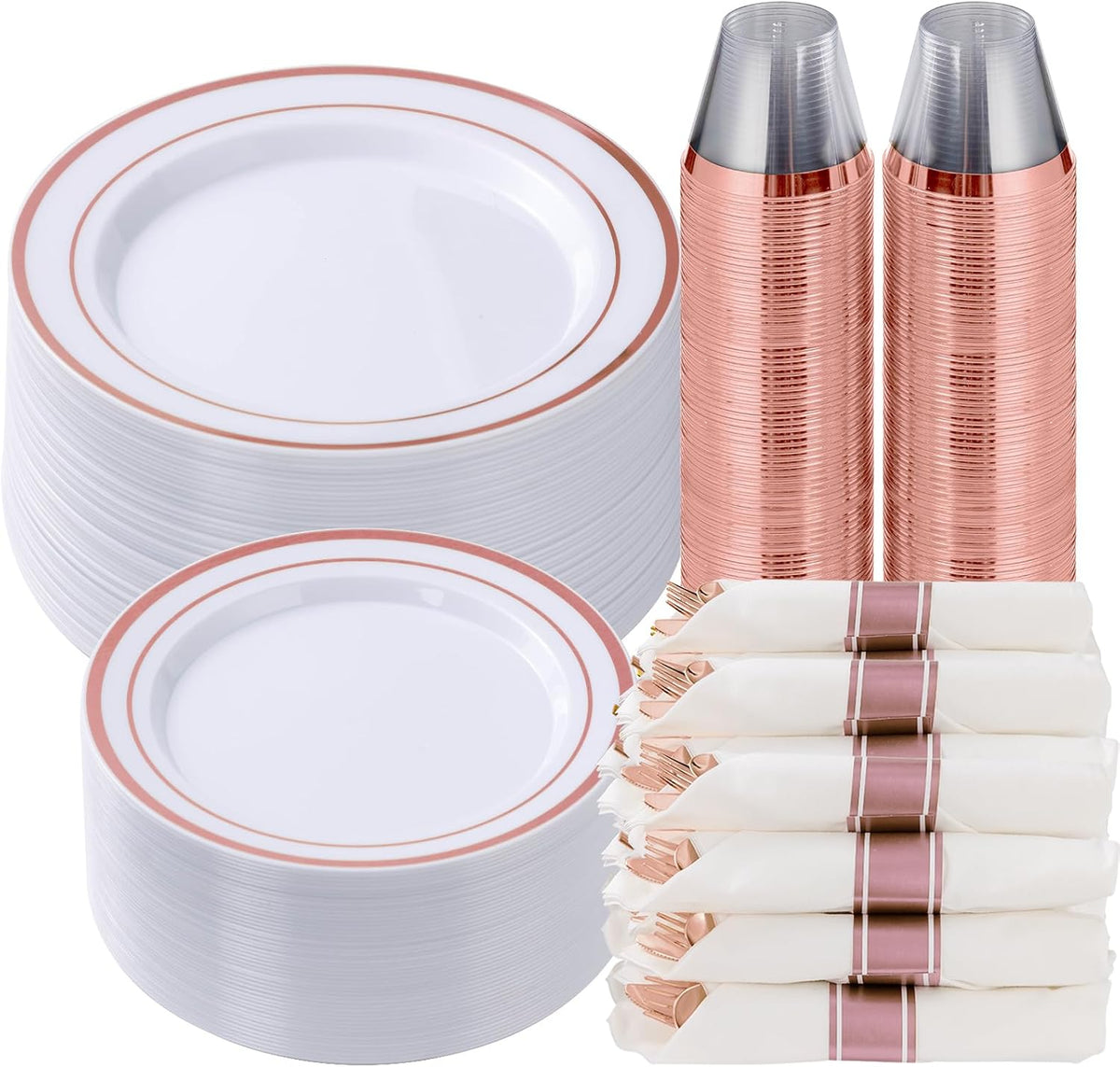 Goodluck 350 Piece Rose Gold Plastic Dinnerware Set for 50 Guests, Fancy Disposable Plates for Party, Include: 50 Dinner Plates, 50 Dessert Plates, 50 Pre Rolled Napkins with Silverware, 50 Cups