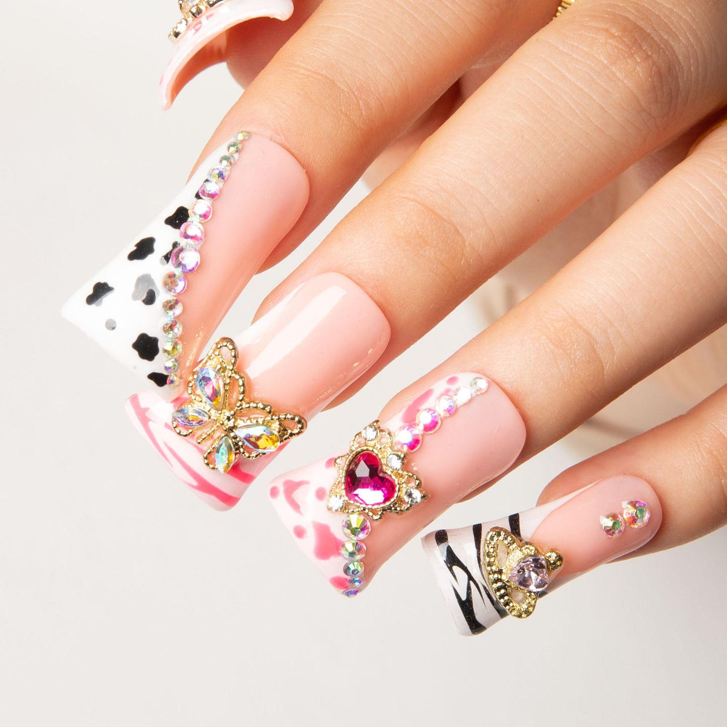 LOVFUL Press on Duck Nails Salon Quality Rolling Luxe Curve | Handmade Acrylic with Full Covered Crystals | Reusable Fake Nails | Duck Classic Regular 1.3 in | H144-L