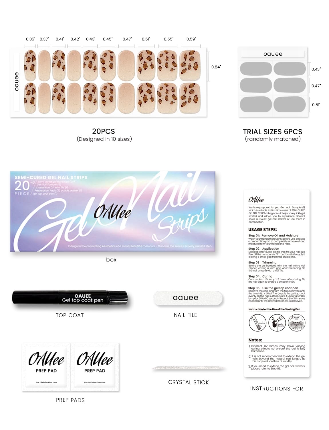 Oauee Semi Cured Gel Nail Strips | Built-In Gel Top Coat | UV Light Required | Salon Quality, Easy Application And Removal (Leopard Print)