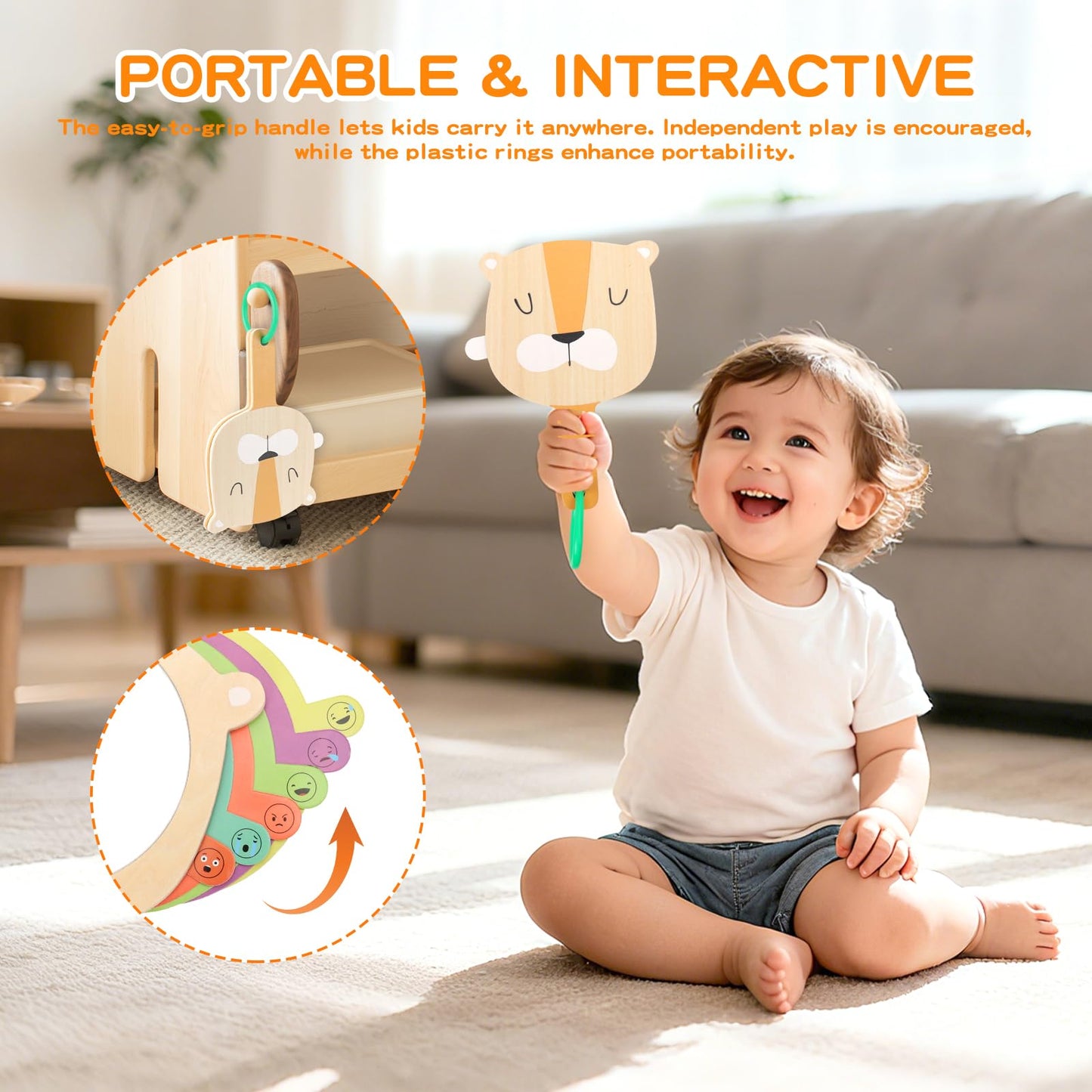 Montessori Toys for Babies 6-12 Months, 7 in 1 Wooden Educational Development Toys Sensory Learning Gift for Toddlers with Object Permanence Box, Emotion Learning Mirror, Tissue Box,Rainmaker and More