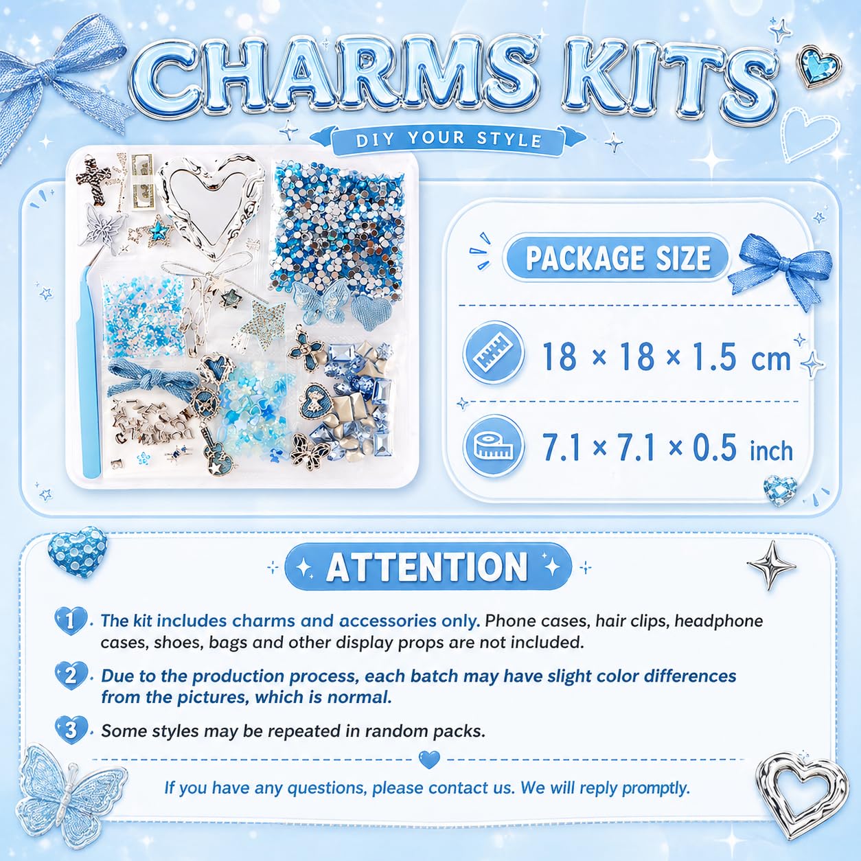 Prdingfy Blue Silver Phone Case Charms Kit, Icy Y2K DIY Decorating Accessories with Bows, Rhinestones, Mini Mirror Pieces and Resin Charms for Custom Cases