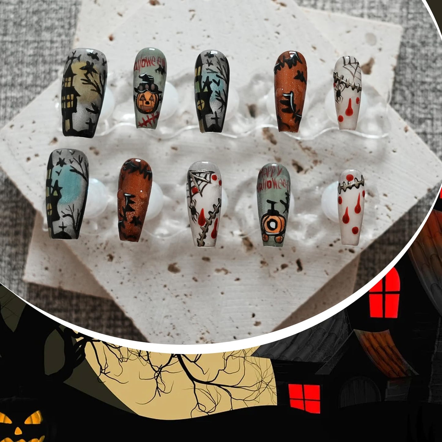 Tesytto Handmade Press on Nails Long Coffin - Cartoon Story with Horror Design for Parties, Halloween (Halloween House Story,S)