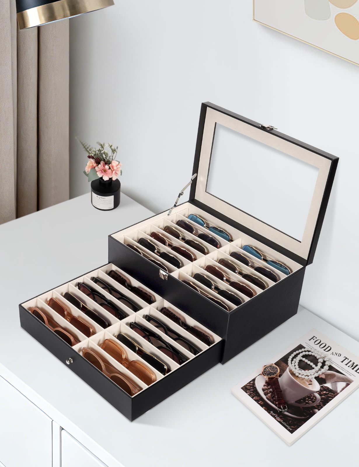 Huvon Sunglasses Storage Organizer Case with 24 Adjustable Slots, 2 Layer Multi Eyeglass Glasses Display Box with Lid Women