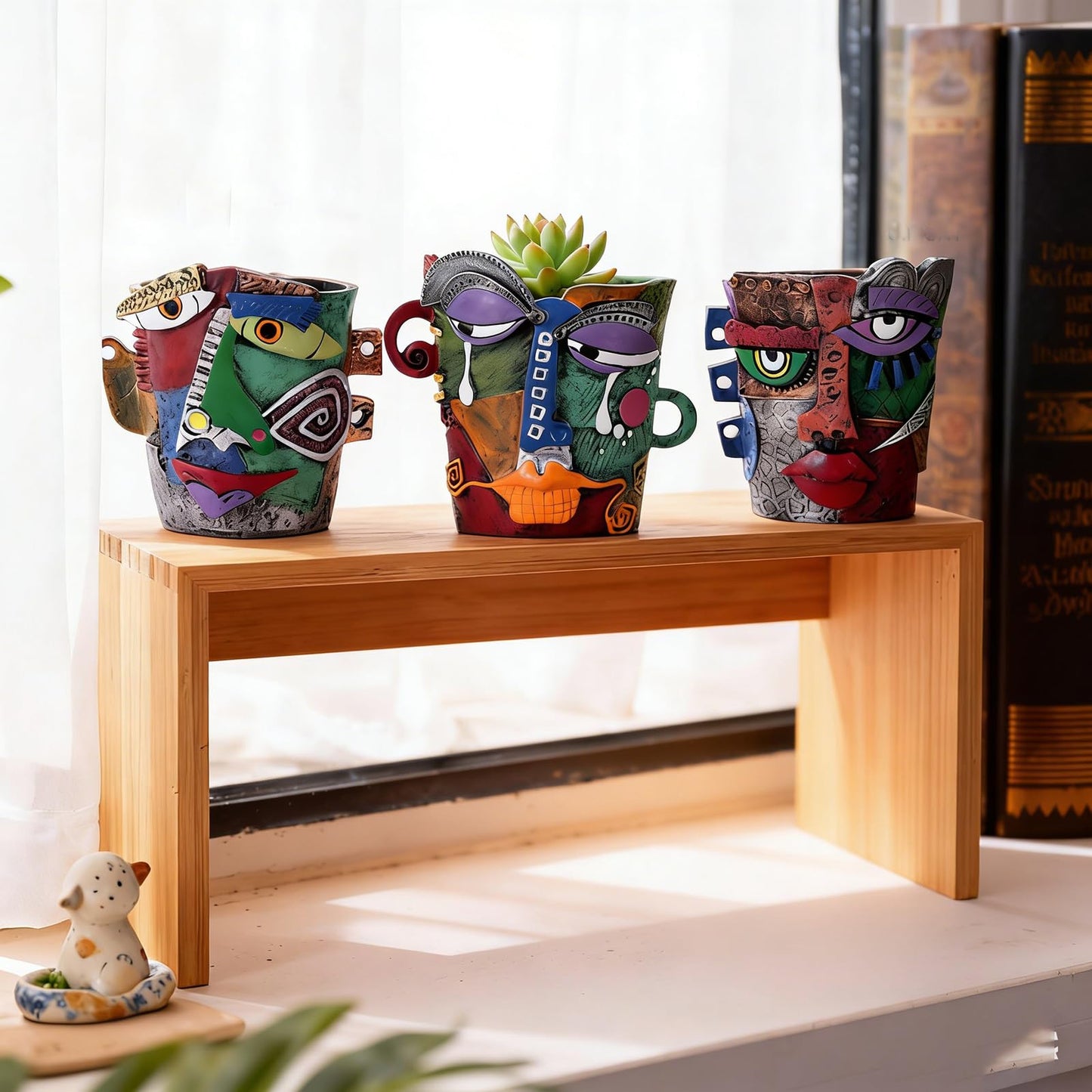 LINYTHER Mini Abstract Face Planter – Small Picasso-Inspired Resin Planter for Succulents, Cacti & Small Plants, Whimsical Decorative Head Planter for Indoor & Outdoor Garden