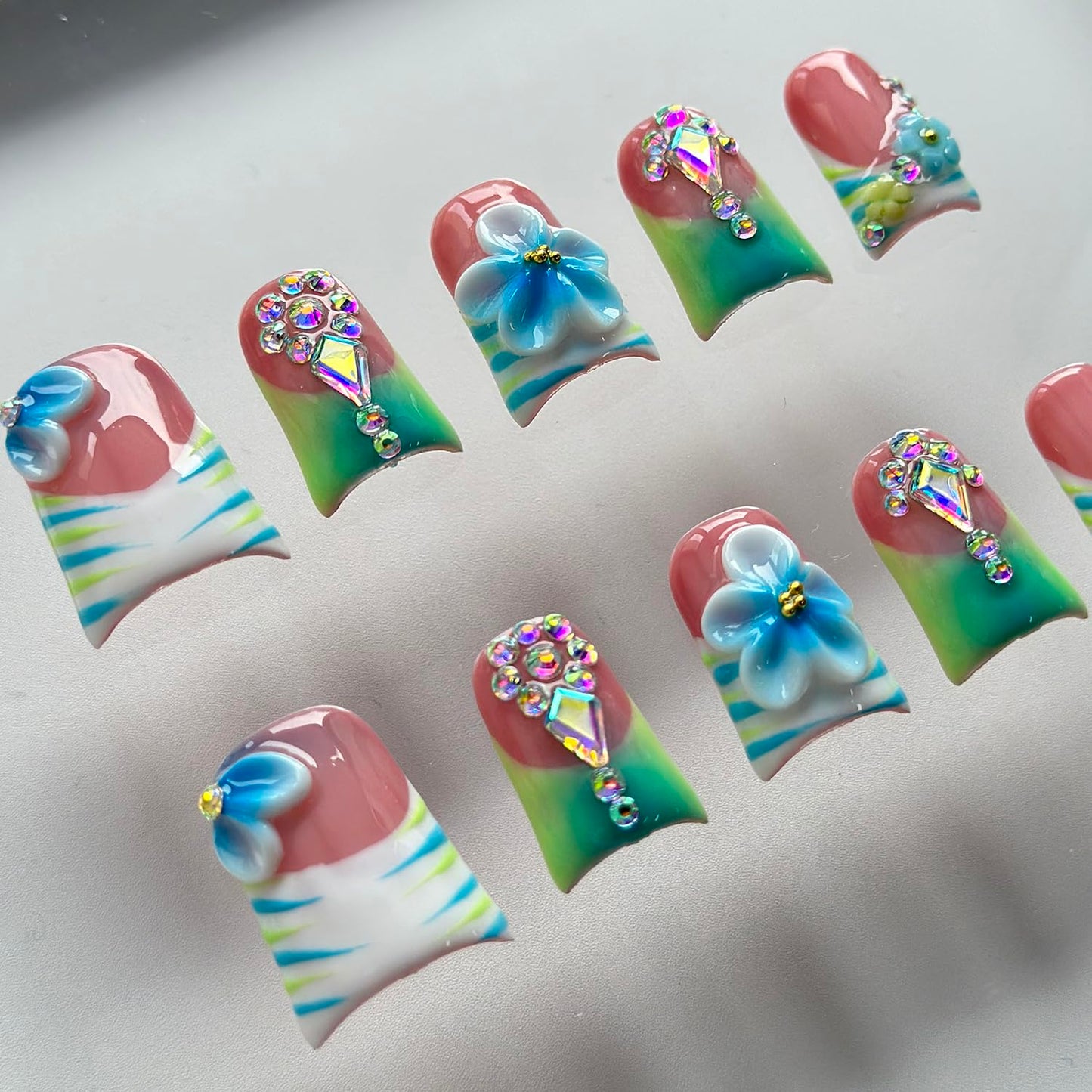 Luxury Press on Nails Short Duck Handmade 3D Unique Reusable ABS Material Fake Nails French Tip False Nails with Designs Floral Rhinestones Blue&Green Glossy Glue on Thick Acrylic Nails(S)