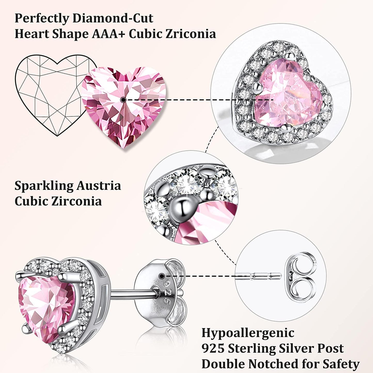 Bestyle Infinity Love Heart Stud Earrings with October Pink Tourmaline Birthstone Crystal, Brilliant Love Heart Diamond Studs Statement Jewelry for Women