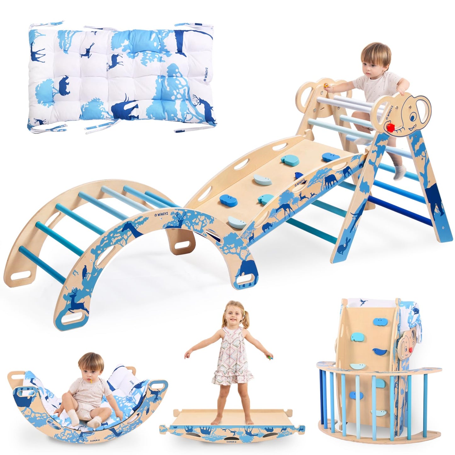 WINGYZ Pikler Triangle Set, Montessori Foldable 8-in-1 Jungle Gym with Reversible Animal Slide, Patent-Protected Climbing Set, Safe 2.35" Gap ASTM F963 Standards for Toddlers 18 Months-7 Years (Blue)