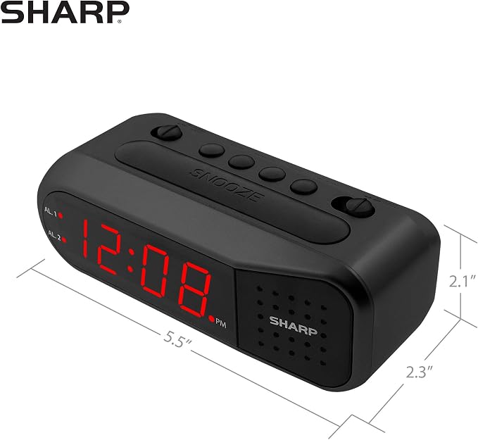 Sharp Digital Alarm Clock for Heavy Sleepers, Dual Alarm, Red LED, Black