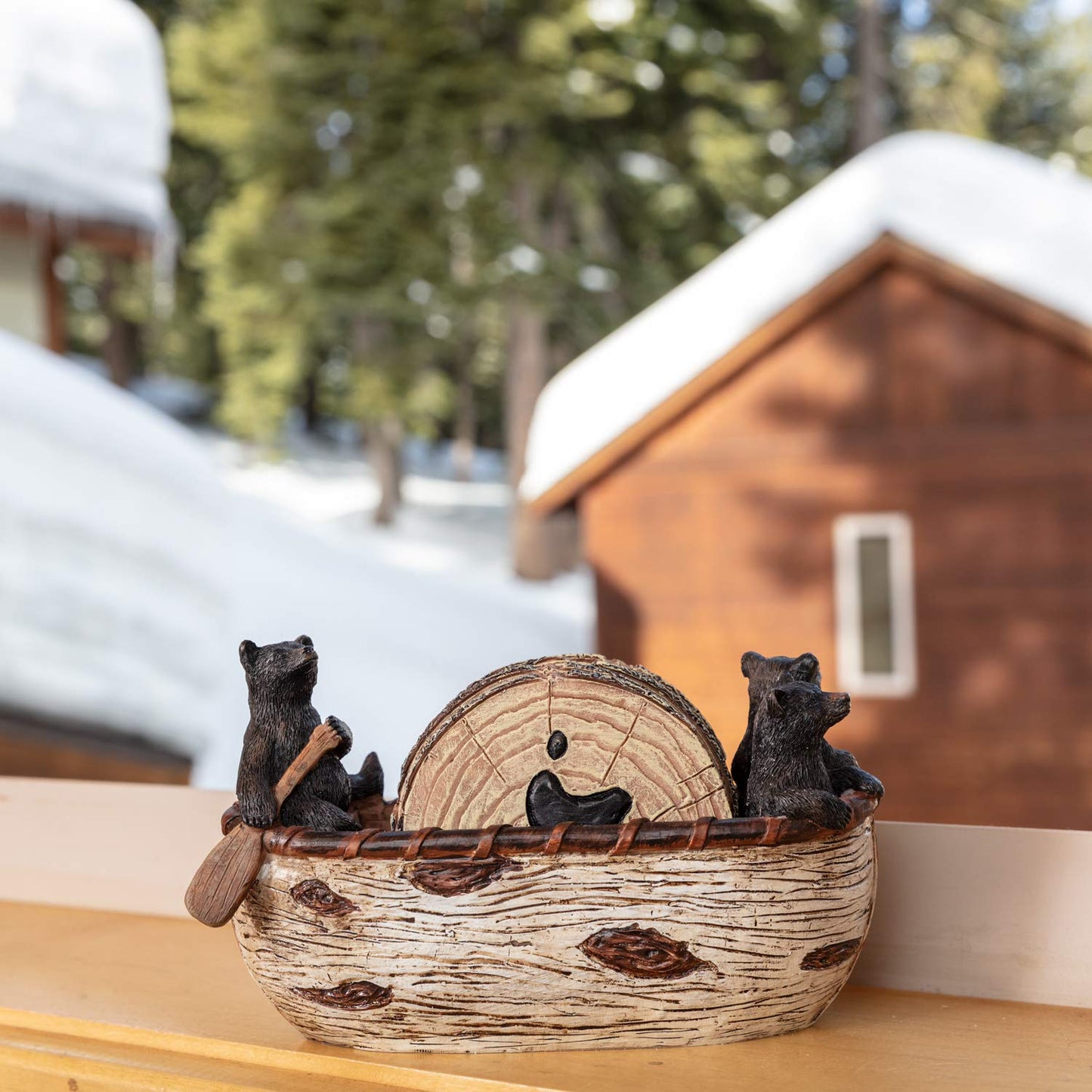 Cabin Obsession Bear Coasters - Set of 6 Full Size Rustic Coasters in Handmade Canoe with Adorable Black Bear Figurines - Log Cabin Decorations, Rustic Lodge Decor for The Home