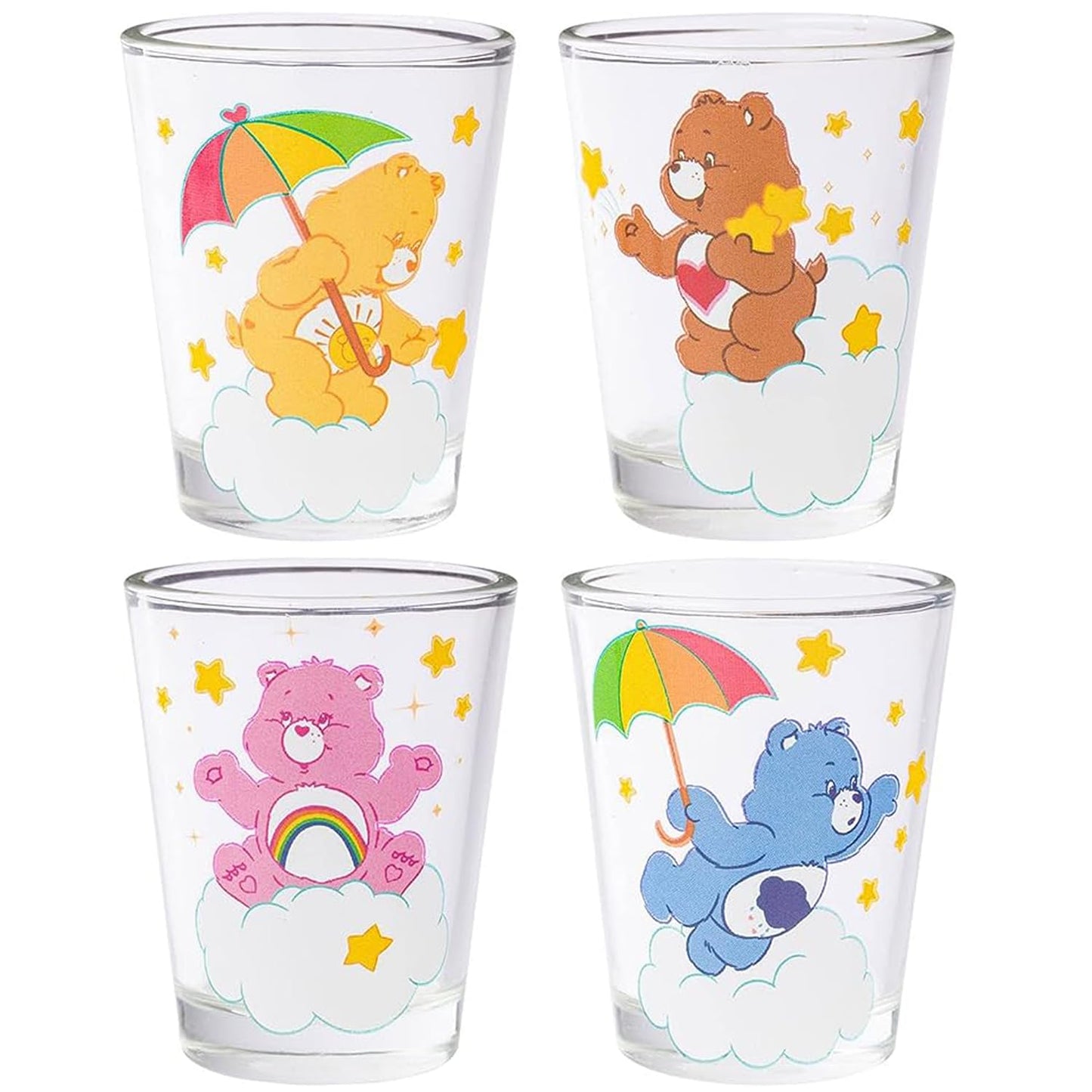 Silver Buffalo Care Bears on Clouds Featuring Funshine, Tenderheart, Cheer, and Grumpy Bear 4 Pack Mini Glass Set, 1.5 Ounces