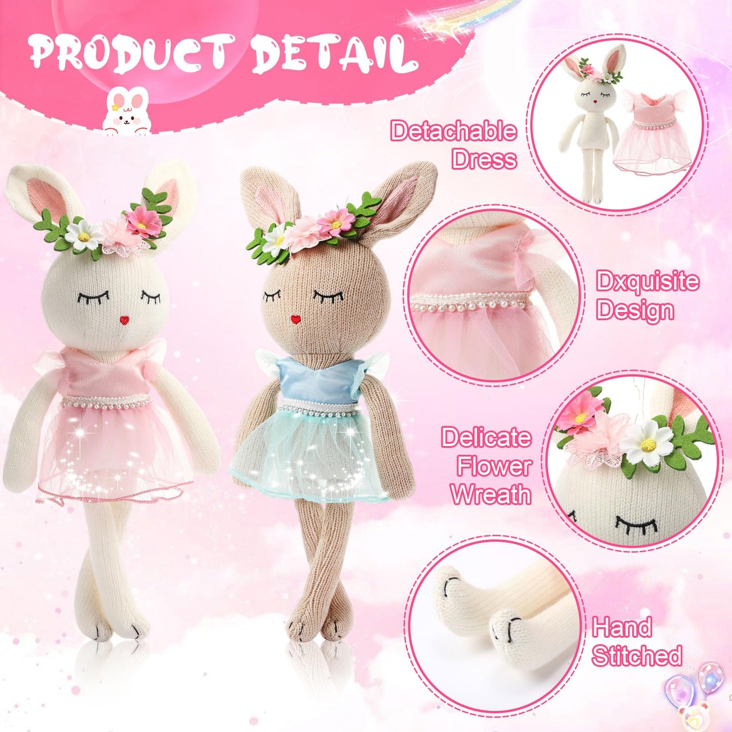 Meooeck 2-piece 16 Inch Bunny Ballerina Doll - Cute Soft Bunny Stuffed Animal Knitted Ballerina Toy, 2 Colors