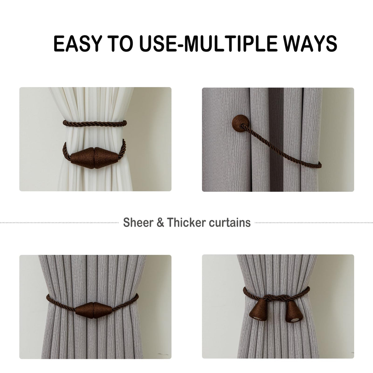 Magnetic Curtain Tiebacks 4 Pack Outdoor Rope Curtain Tie Backs Decorative Window Treatment Holdbacks for Home Decorative Curtain (4 Count)