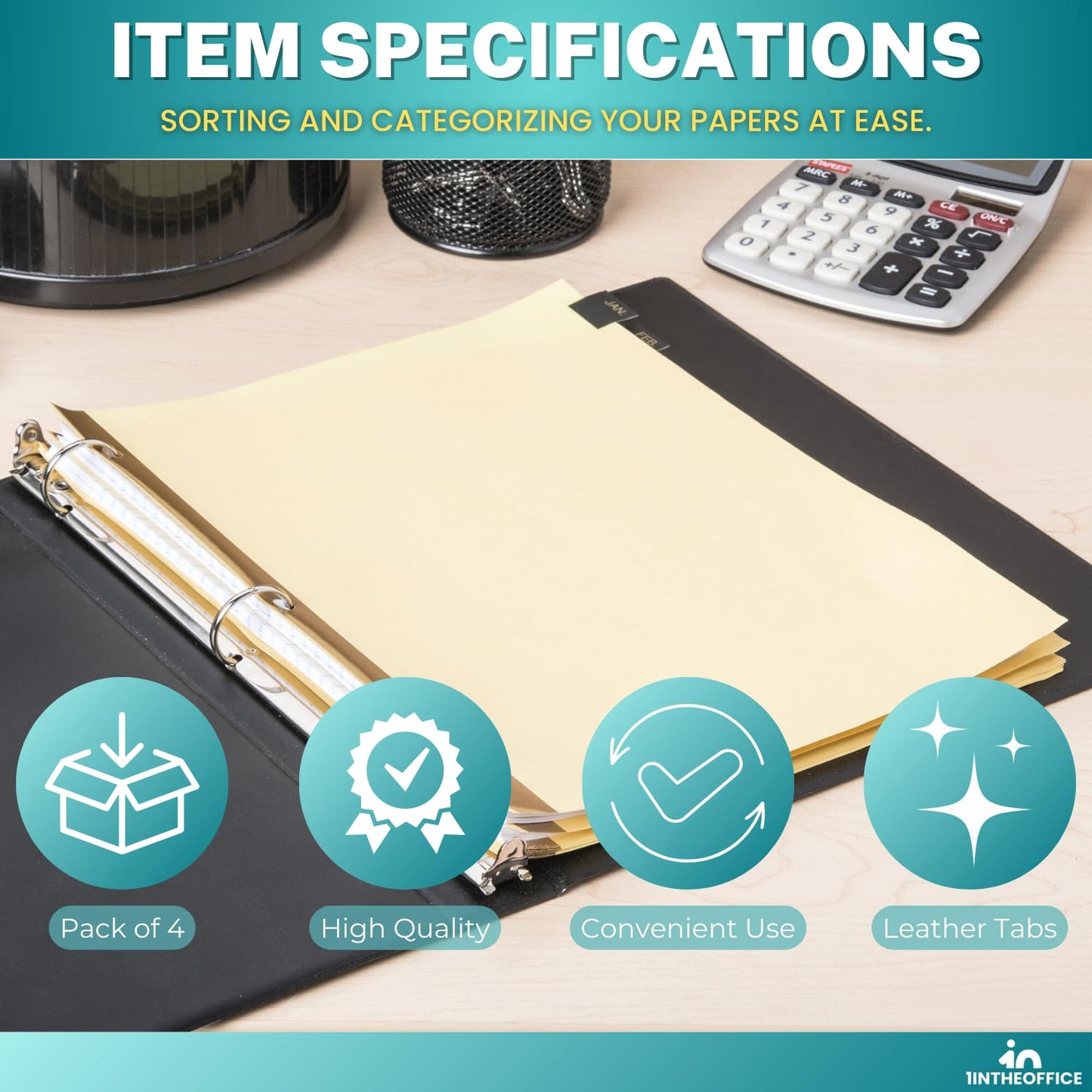 1InTheOffice Monthly Tab Dividers, Month Tabs for 3 Ring Binder, Monthly Leather Dividers, 12-Tab, Black, (4 Pack)