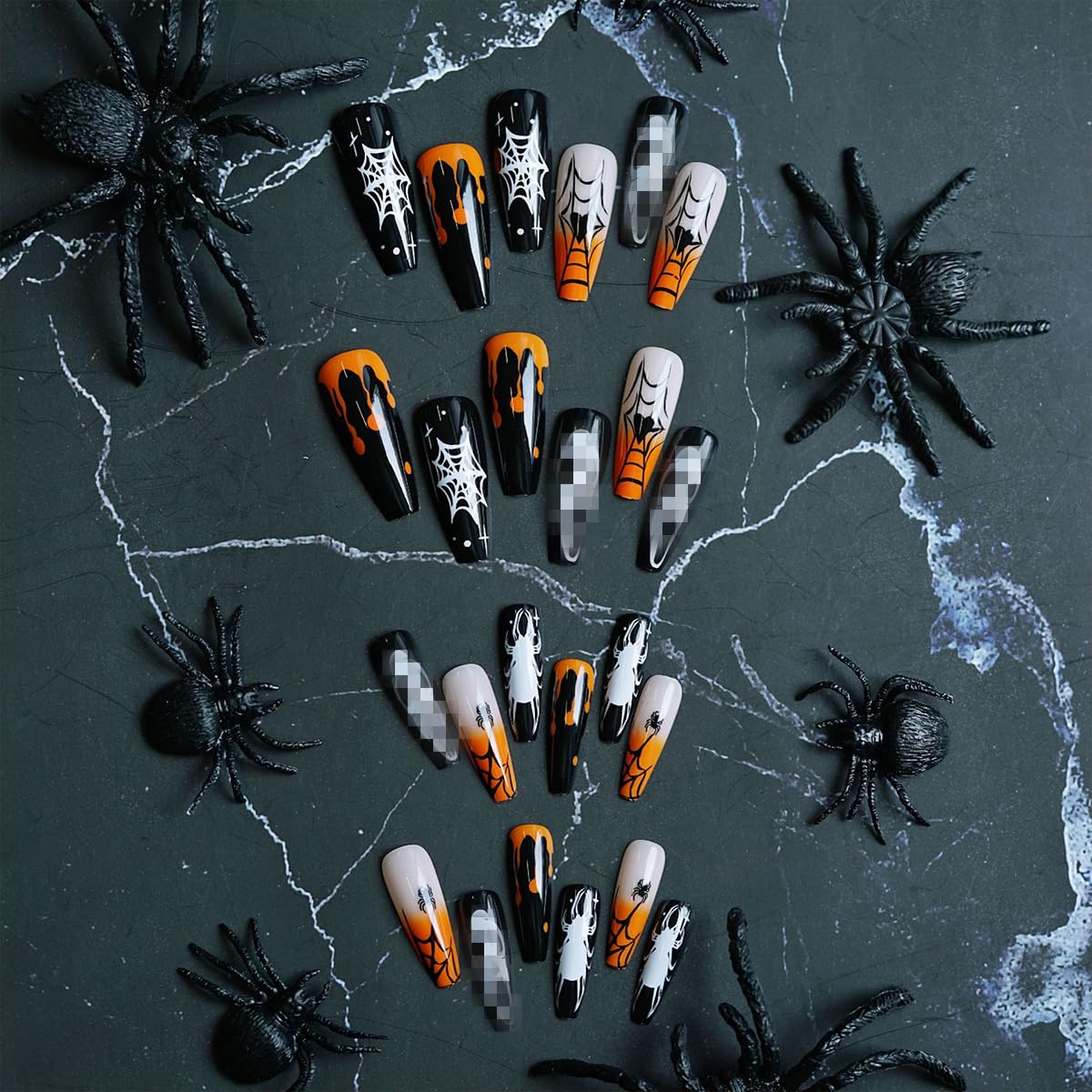 Halloween Press on Nails Long Square Fake Nails with Designs Spider Web Ghost Coffin False Nails Reusable Natural Artificial Stick on Nails for Women Manicure 24Pcs