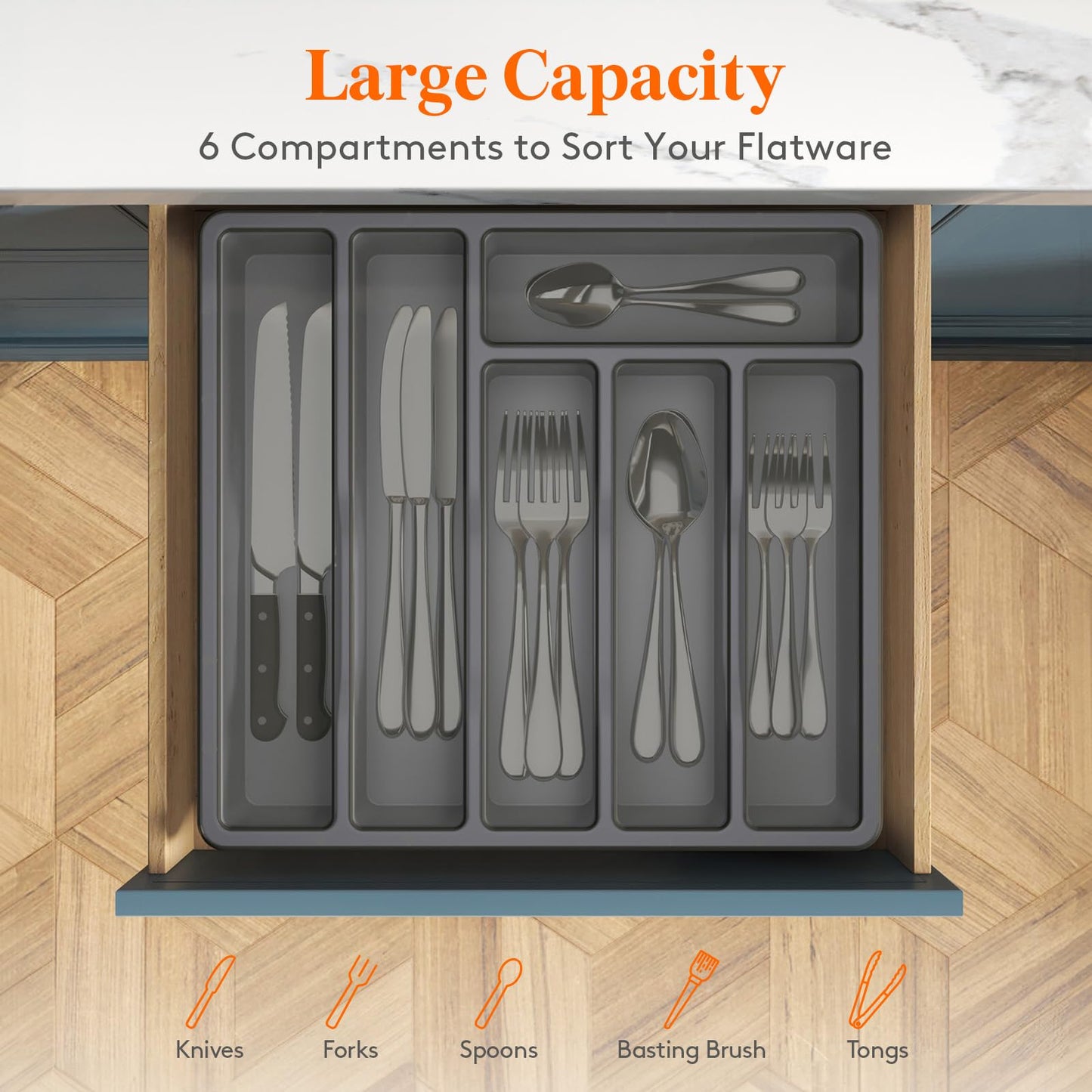Lifewit Silverware Organizer with Lid, Covered Utensil Tray for Kitchen Drawer and Countertop, Plastic Cutlery and Flatware Storage Box for Spoons Forks Knives Holder Case, 12.6x11.8", Gray