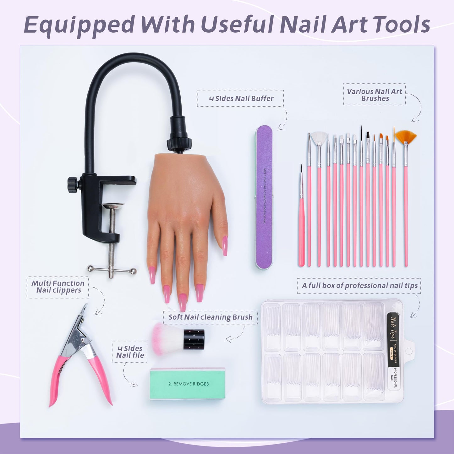 Veikmv Practice Hand for Acrylic Nails,Realistic Silicone Mannequin Hand with Flexible Fingers for Acrylic Nails, Gel Polish Training, Complete Nail Art Beginner Set with Brush & File