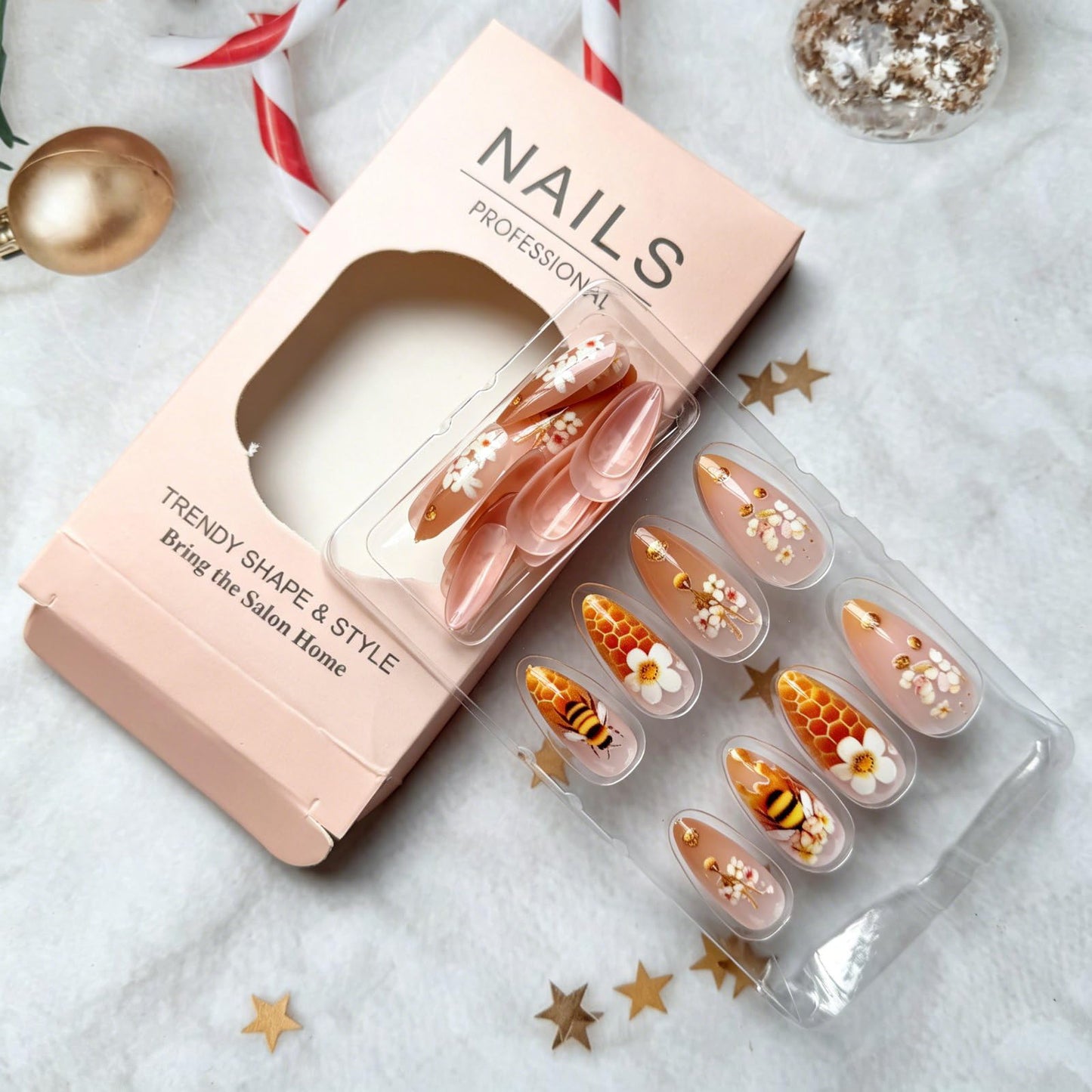 Almond Press on Nails Medium Fake Nails Spring False Nails Bee Flower Artificial Nails with Honeycomb Designs Glossy Acrylic Nails Summer Stick on Nails Full Cover Glue on Nails for Women Manicure