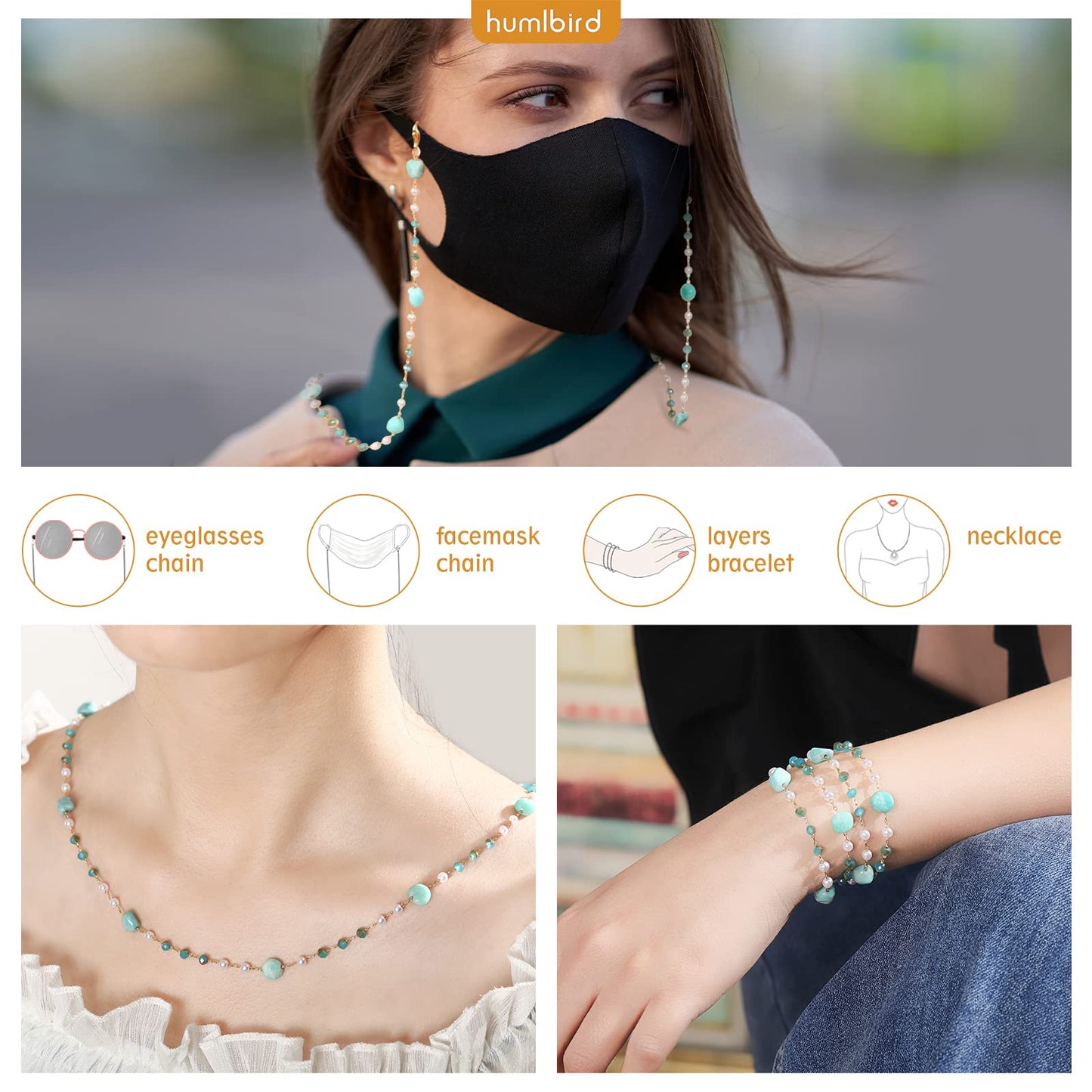 humlbird Eyeglasses Chain for Women Stylish Mask Lanyard Natural Stone Mask Chain Eye Glasses Holder Strap Around Neck