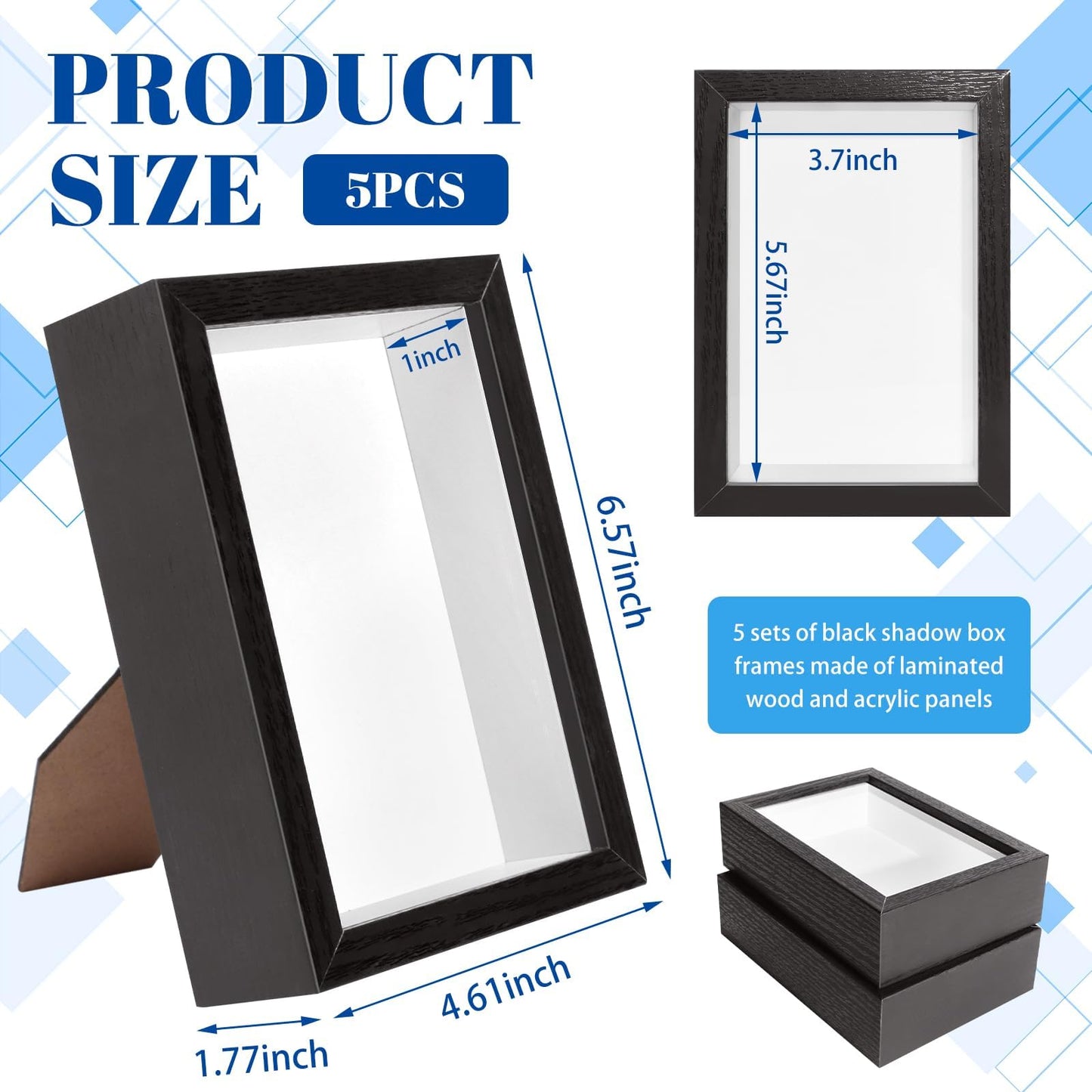 VOKOY 5 Pack 4" x 6" Shadow Box Frame, Small Wood Hollow Picture Frame with Clear Acrylic Front, 1" Deep Shadowbox Display Cases for Photos Dried Flowers Seashell Memorabilia DIY Crafts Medals (Black)