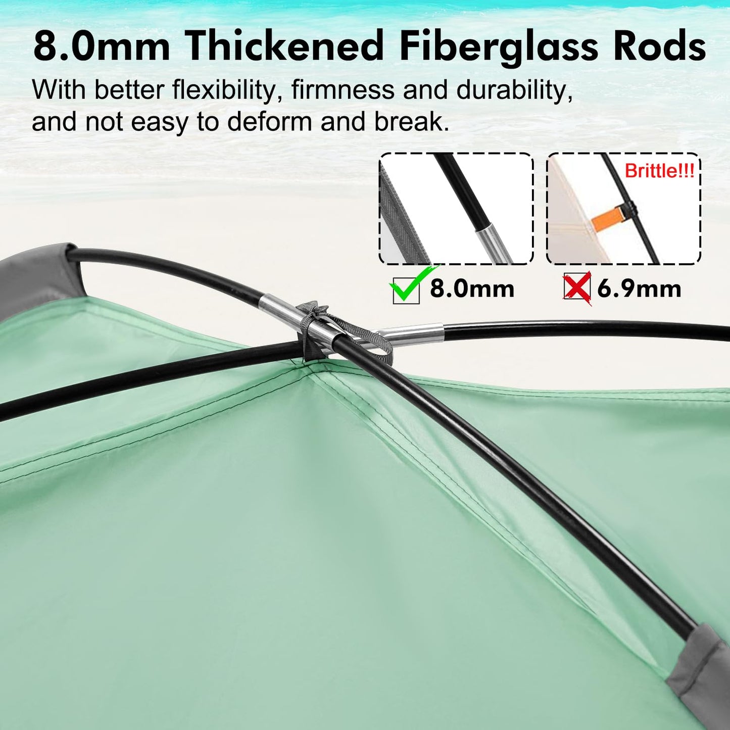 WhiteFang Beach Tent Anti-UV Portable Sun Shade Shelter for 3 Person, Extendable Floor with 3 Ventilating Mesh Windows Plus Carrying Bag, Stakes and Guy Lines (Mint Green)