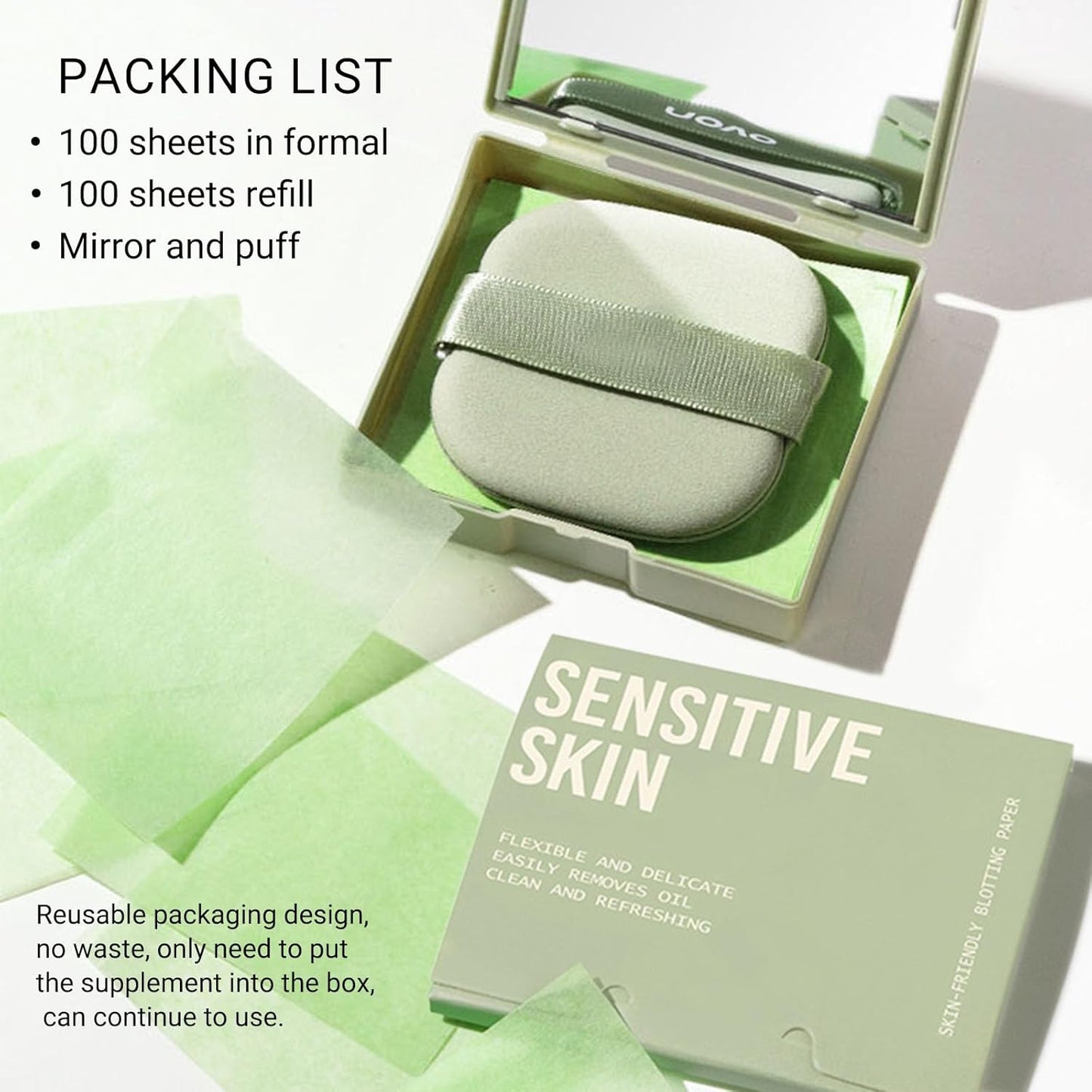 KYDA 200 Sheets Oil Blotting Paper with Mirror and Puff, Refills Included, Face Oil Absorbing Sheets, Oil Control Paper, Absorb Excess Oil, Makeup Friendly