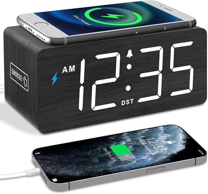 DreamSky Wooden Digital Alarm Clock with Wireless Charging for Bedroom