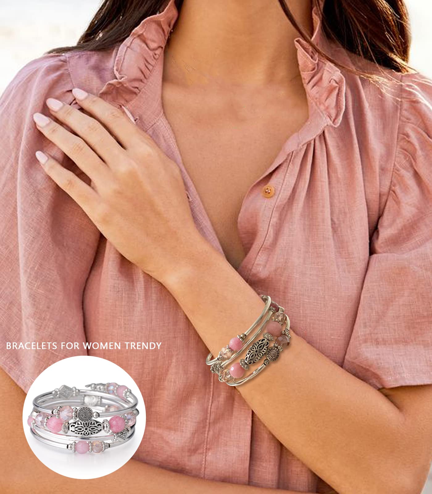 FULU AUTUMN Stackable Beaded Bracelets for Women Boho Wrap Silver Bracelet Layered Fashion Jewelry Gifts for Her(Pink)