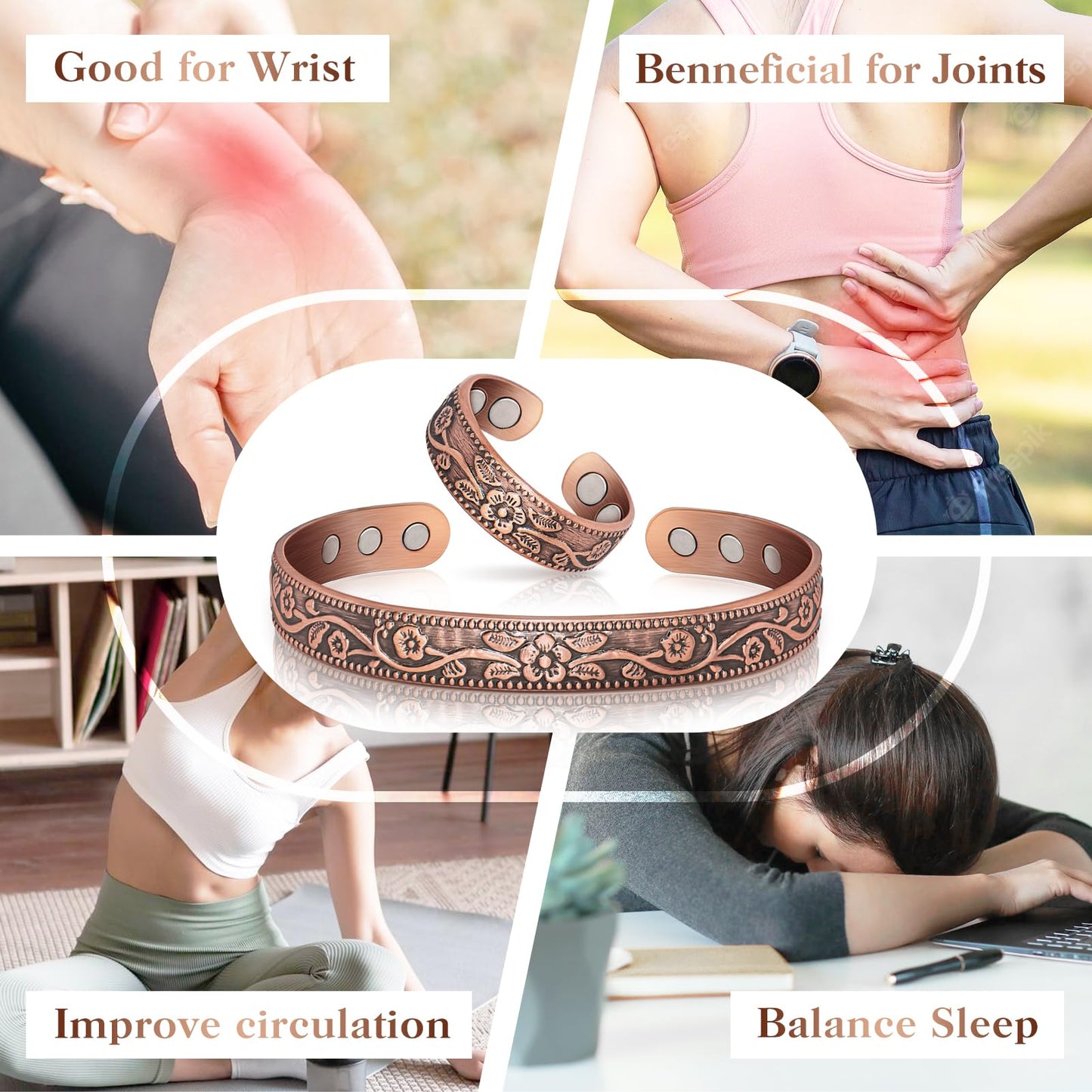 Copper Bracelet for Women & Lymphatic Drainage Ring, Adjustable 100% Solid Pure Copper Jewelry Gift with 6 Magnets, Vintage Unisex Wellness Design