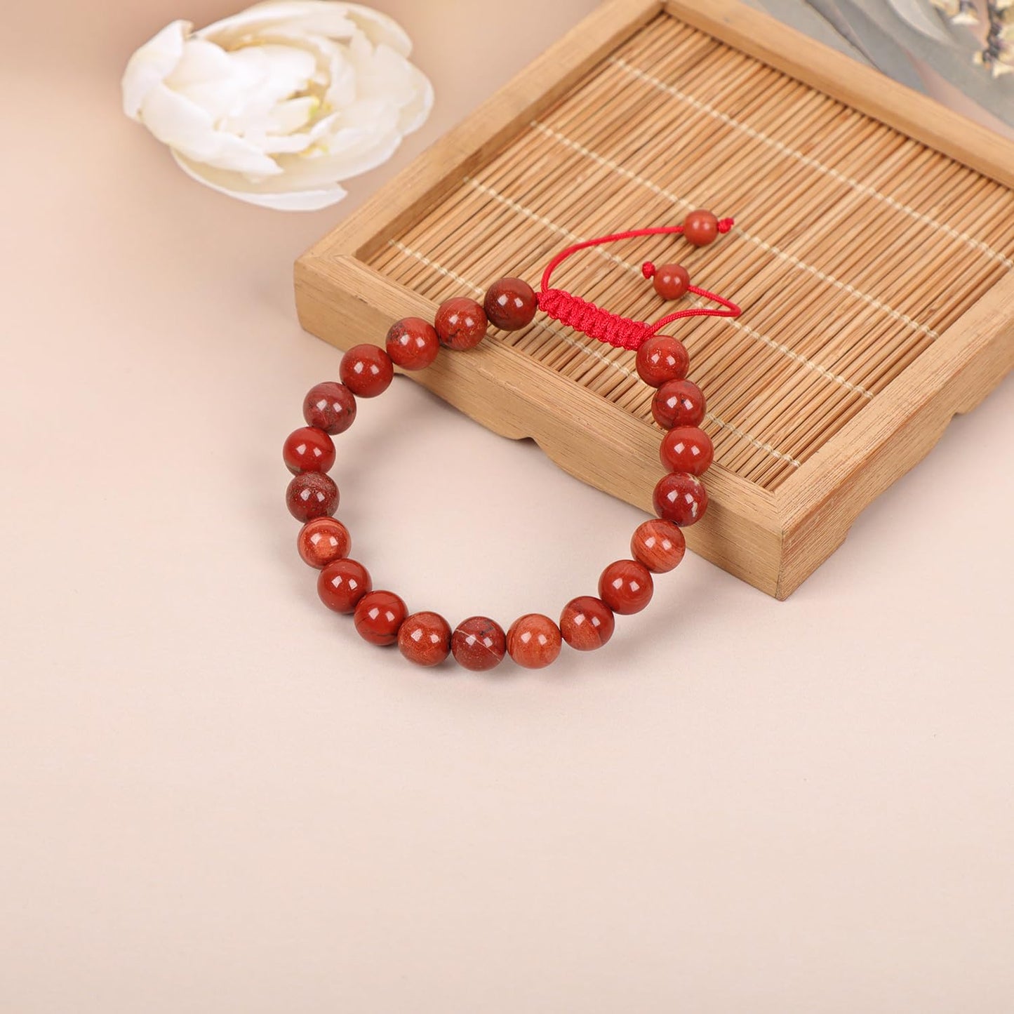 AD Beads Natural 8mm Gemstone Bracelets Healing Power Crystal Macrame Adjustable 7-9 Inch (Red Jasper)