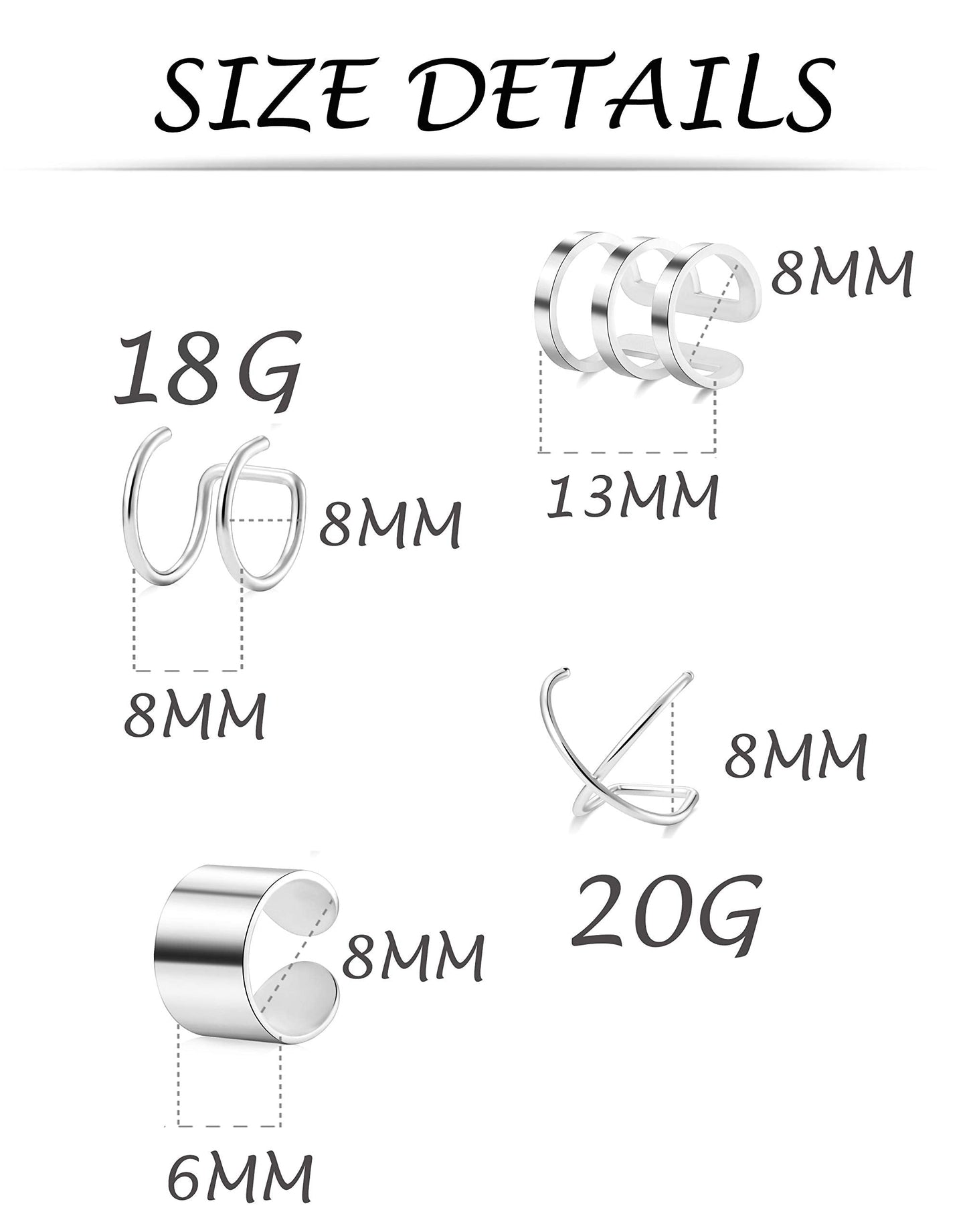 Tornito 4-10 Pairs Stainless Steel Ear Cuff Helix Cartilage Clip On Wrap Earrings Fake Nose Ring Non-Piercing Adjustable (A4: 4 Pairs, Silver Tone)
