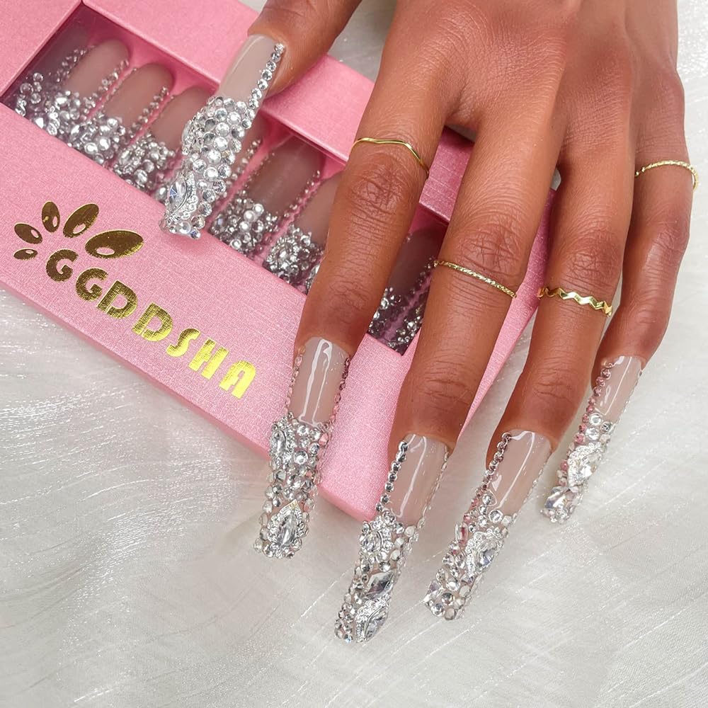 GGddsha 2025 New PMMA Acrylic Long Press on Nails with Semi-Applied Rhinestone Design Glossy Nails, Reusable Nail Set with Box Gift for Women (Rhinestone, M)