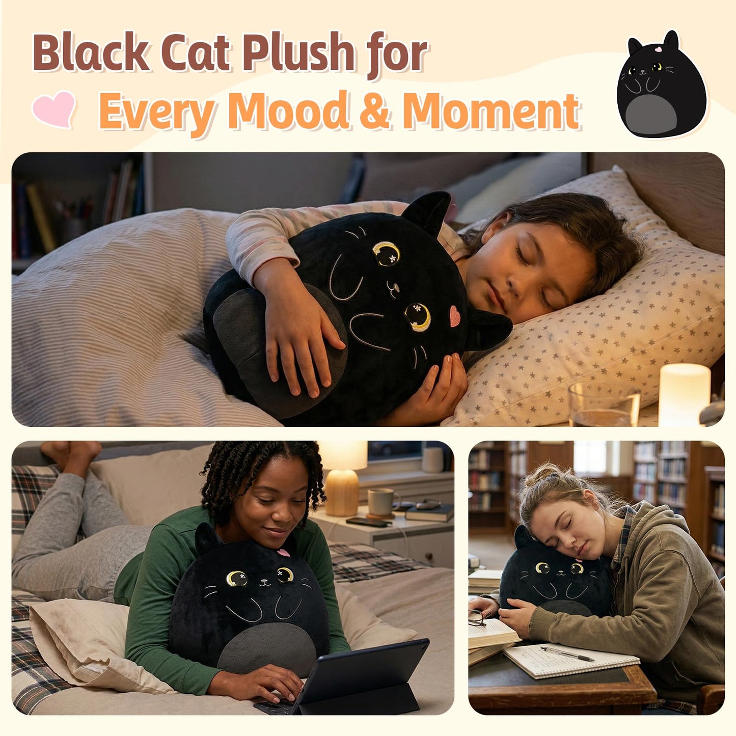PEACH CAT Original Black Cat Stuffed Animal 12" Cute Kitten Plushies Soft Plush Toys Gifts for Kids