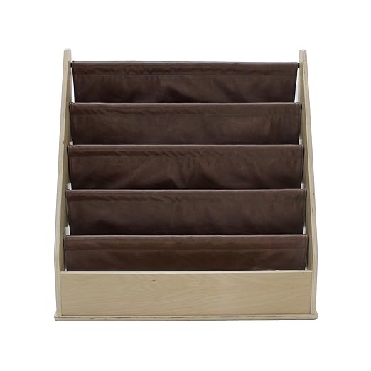 Factory Direct Partners Rustic Kid Birch Sling Book Display; Distressed Faux Leather 4-Shelf Storage for Books or Magazines; Furniture for Bedroom, Playroom, Daycare or Classroom - Walnut, 13745-323