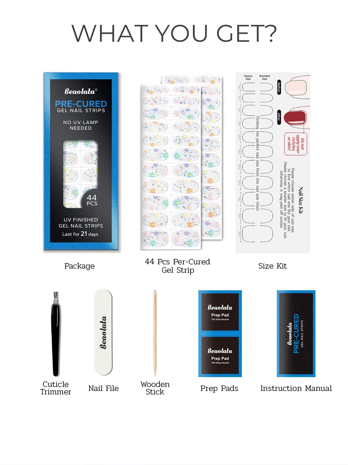 Beaolata Real Gel Nail Strips (No UV Light Needed) - 44Pcs Salon Quality Nail Stickers - Long Lasting Polish Wraps for Women, Easy Apply & Remove (Flower Sliver)