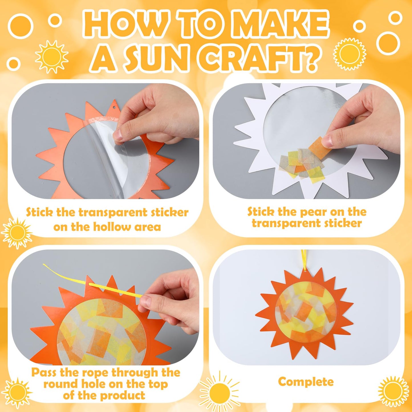 Colarr 24 Sets Sun Crafts Gold Sun Tissue Paper Crafts Kits DIY Summer Hanging Ornaments Suncatcher for Summer Home School Classroom Party Decoration Art Activity