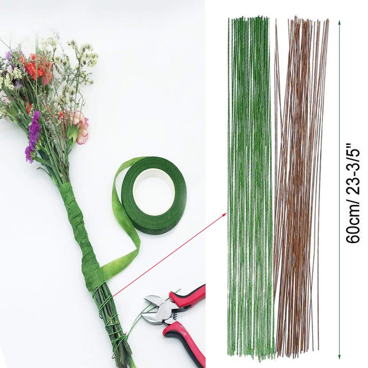 Floral Arrangement Tool Kit, Woohome 2 Style Tape Stem Wrap, 2 Style Floral Wire, Wire Cutter, Scissors and Head Pins for Wedding Bouquet DIY